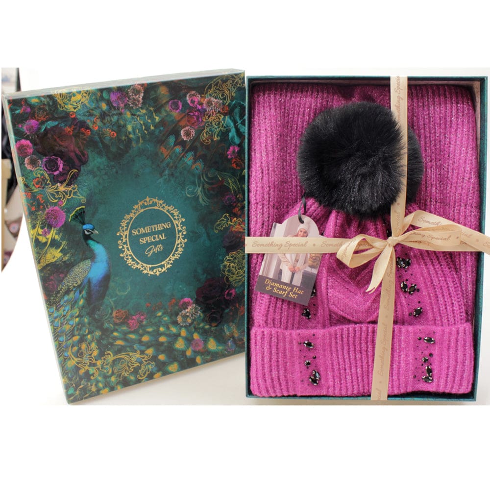 Brandwell Gift Set Magenta Diamante Knit Hat & Scarf Gift Set