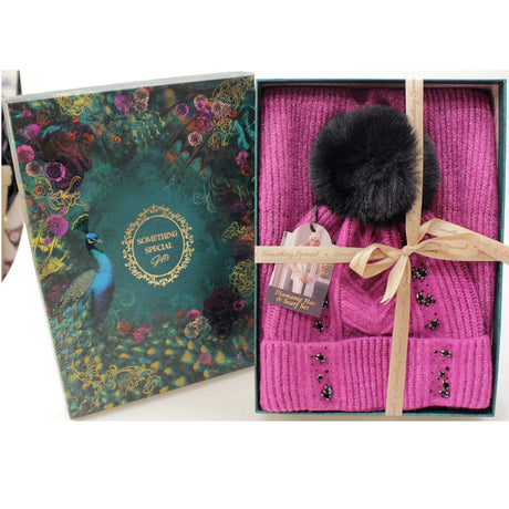 Brandwell Gift Set Magenta Diamante Knit Hat & Scarf Gift Set