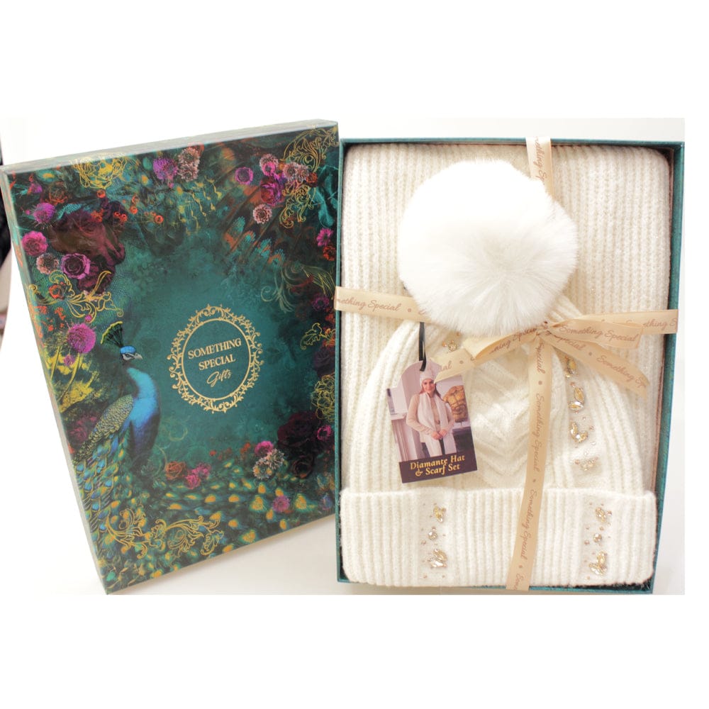 Brandwell Gift Set Off-White Diamante Knit Hat & Scarf Gift Set